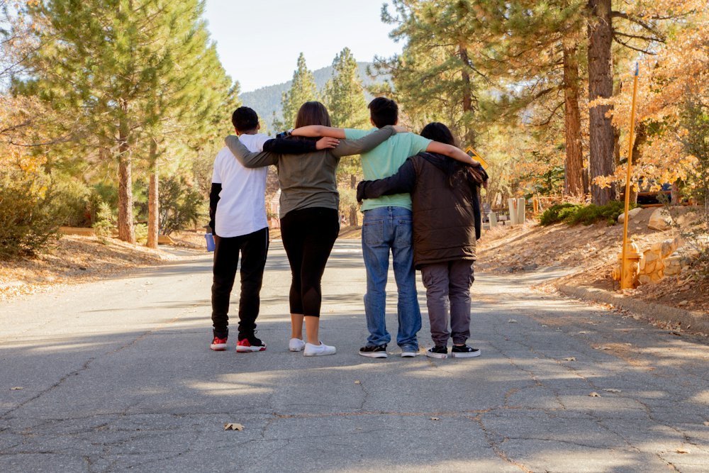Young people walking arm in arm down a sunny road